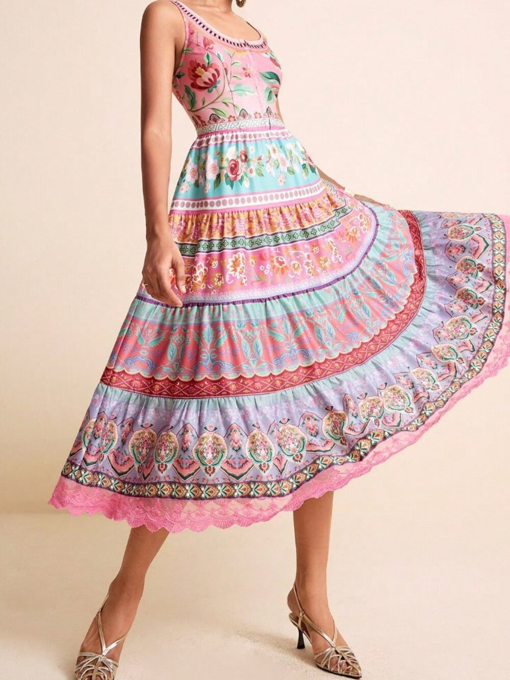 Multicolor Boho Women's Dress Floral Gradient U-Neck Sleeveless Cinched Waist - Picture 3 of 9